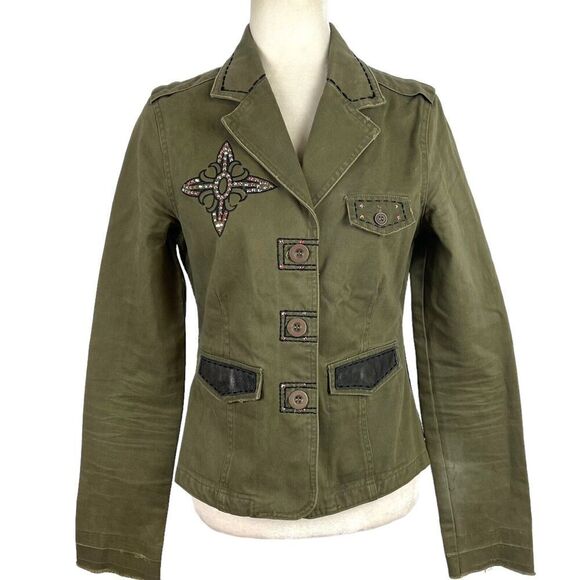 Jaded By Knight Womens Medium Olive Green Egal Leather Military Jacket Studded - Picture 1 of 16